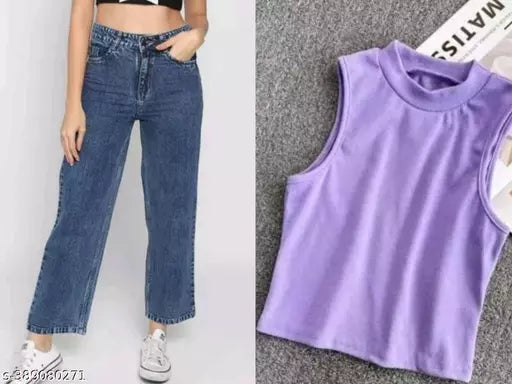 JKP COLLECTION Women & Girl Casual Top & Jeans Set Top Fabric Cotton Lycra Pattern Solid Sleeveless Bottom Fabric Denim Pattern Solid Full Lenth Sleeve In Color Lavendar Dark Blue