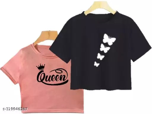 Trendy Feminine Printed Crop Tshirt Round Neck Top For Womens (Combo2)