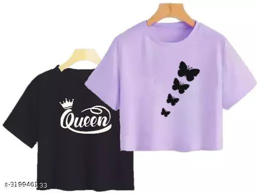 Trendy Feminine Printed Crop Tshirt Round Neck Top For Womens (Combo2)