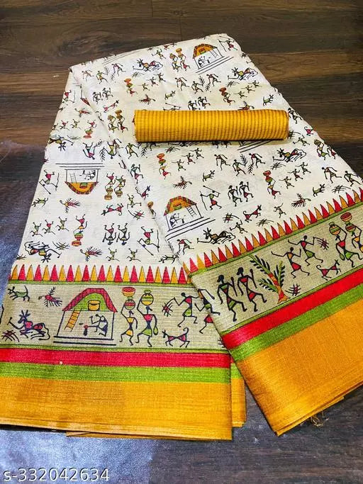 WARLI PRINTED KHADI SILK BLENDED LIGHT WEIGHT COMFERTABLE WEAR DESIGNER SAREE WITH BLOUSE