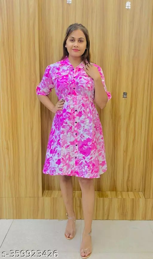 JKP COLLECTION Women's & Girls's Stylish Rayon Collared Shirt Flared Mini Dress with Waist Belt Pink