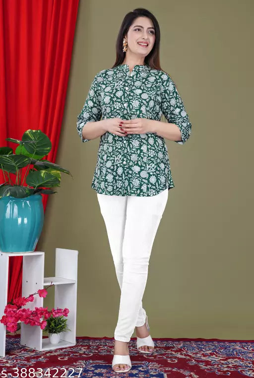 Womens fashion Floral Printed attractive Navy Blue Red flower Rayon Top top shirt style top for women with three quarter sleeves western top for women and girls Cotton/Rayon top Top Top for summer for women top on jeans top n tunic