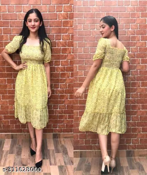YELLOW_Kansai_GEORGETTE PRINTED MIDI DRESSES FOR LADIES