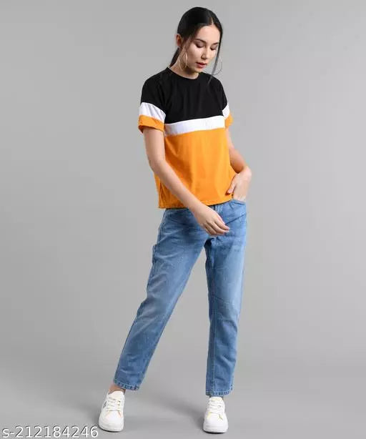 Vivient Women Black White Mustard Colorblocked Tshirt