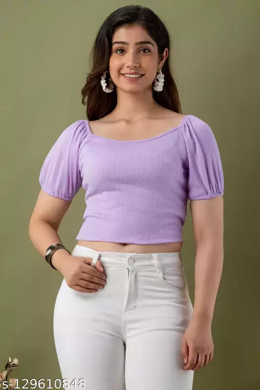 Mialo fashion ribbed knitted top with puff sleeves.