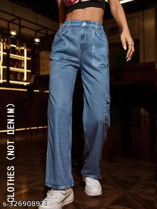 WOMEN LATEST CARGO TROUSERS | SOLID HIGH-RISE CARGO JEANS | 6 POCKET WIDE LEG DENIMS | 80'S ROCKER-CHIC INSPIRED CARGO PANTS | SIT ABOVE | NON-STRETCH FIT WITH A WIDE LEG | SPORTY LOOK LOOSE FIT DENIMS