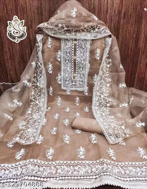 Jivika Graceful Salwar Suits & Dress Materials Exclusive Fancy Women's Designer Chainstich Embroidered Multiwork Double Sequence Brown Floral Embroidered Organza Suits & Dress Materials