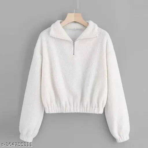 JKP COLLECTION Women's Fashion Long Sleeve Lapel Half Zip Plain Fabric Cotton Blend Sweatshirt Solid Color White