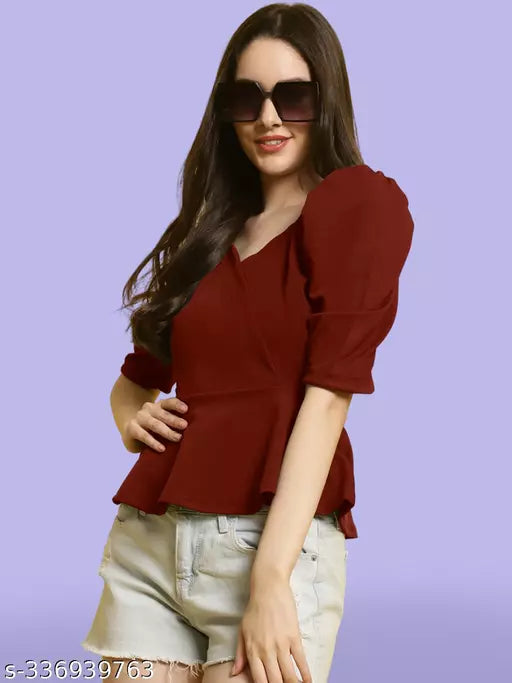 Sweetheart Neck Puff Sleeves Peplum Top (Women Top | Women Tops | Top)