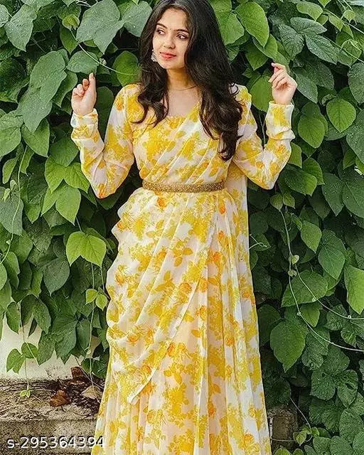 QVAZOR Stylish Fancy Trendy Printed Georgette Gown For Women For Party Wedding Festival Functions