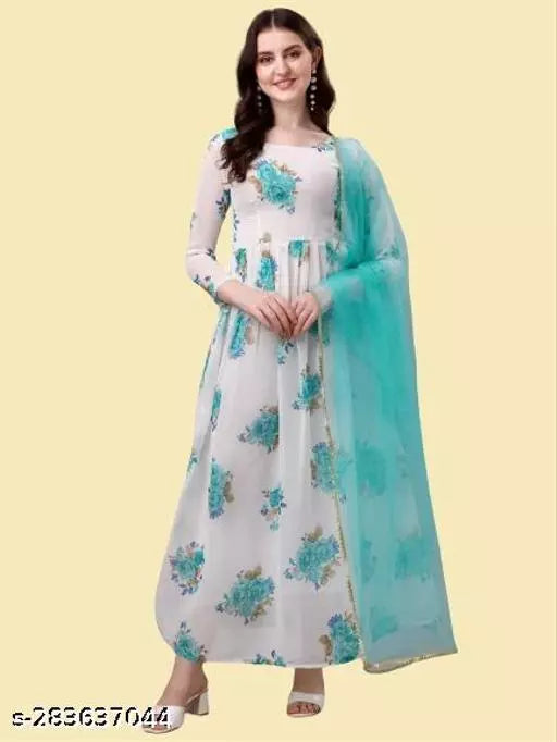 QVAZOR Stylish Fancy Trendy Printed Georgette Gown For Women For Party Wedding Festival Functions