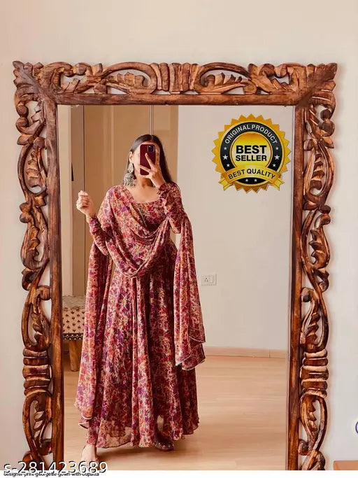 women printed long gown with dupatta