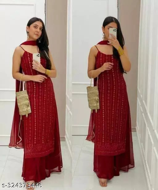 Maroon Georgette Kurti / Kurta Set with Dupatta and Palazzo set for women Elegant Sleeveless Gown plazo set – Embroidered Sequin Work Off-Shoulder Style – Perfect for Parties Weddings and Summer Elegance