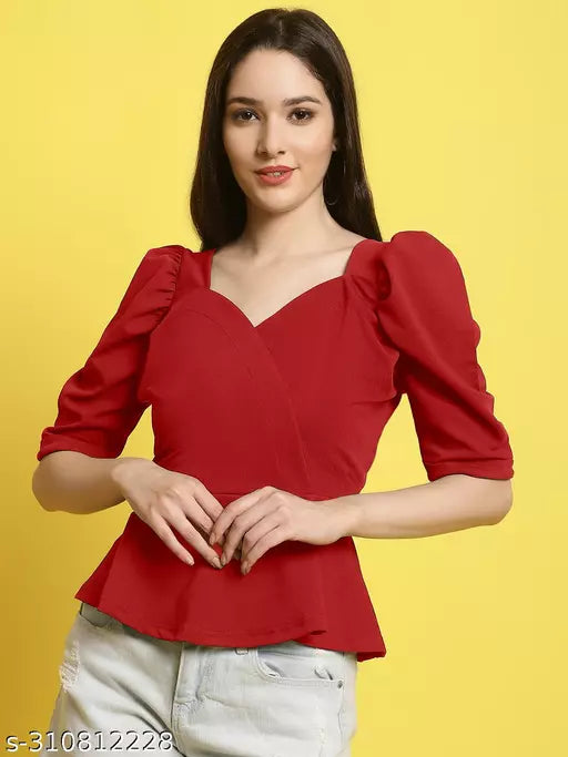 Sweetheart Neck Puff Sleeves Peplum Top (Women Top | Women Tops | Top)
