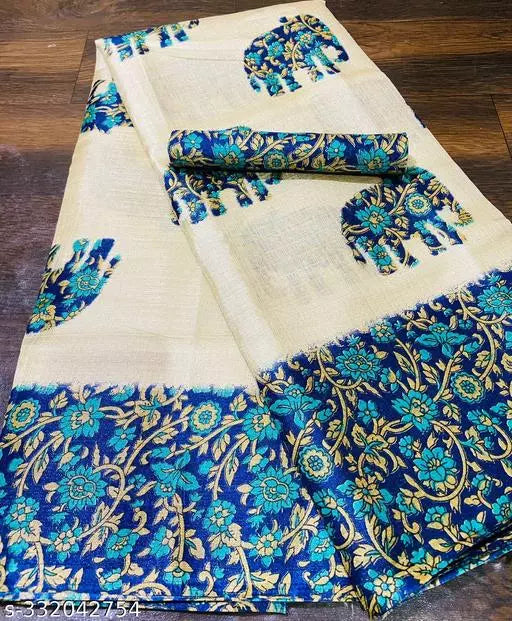 ELEPHANT PRINTED KHADI SILK BLENDED LIGHT WEIGHT COMFERTABLE WEAR SAREE WITH BLOUSE