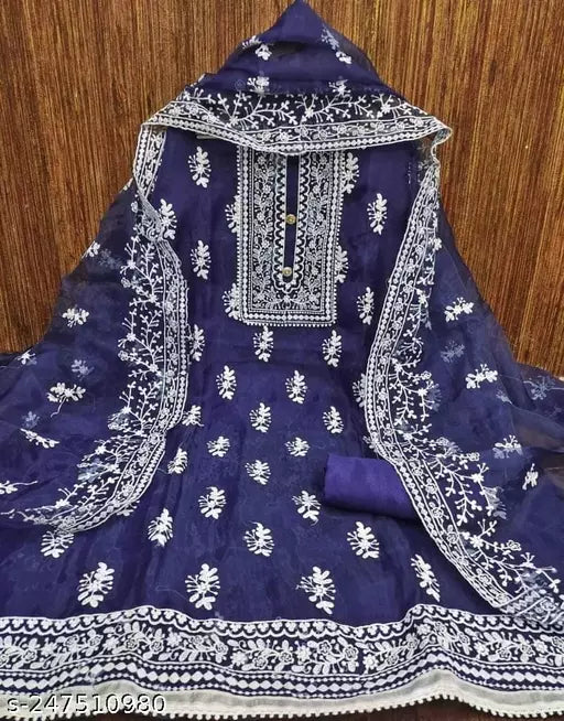ORGANZA SILK BARFI WITH EMBROIDERED DOUBLE MULTI WORK DRESS MATERIAL SUIT FOR WOMEN