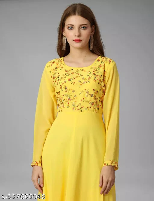Exquisite Georgette Long Dress - Elegant Party Wear yellow Gown for Women and Ladies