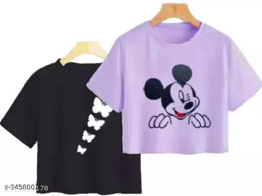 Trendy Feminine Printed Crop Tshirt Round Neck Top For Womens