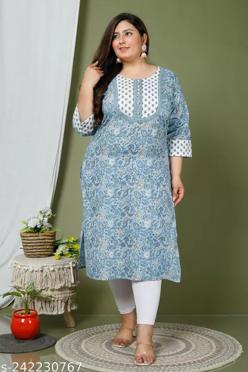 Swasti Women Plus Size Printed Pure Cotton Straight Kurta (Blue)