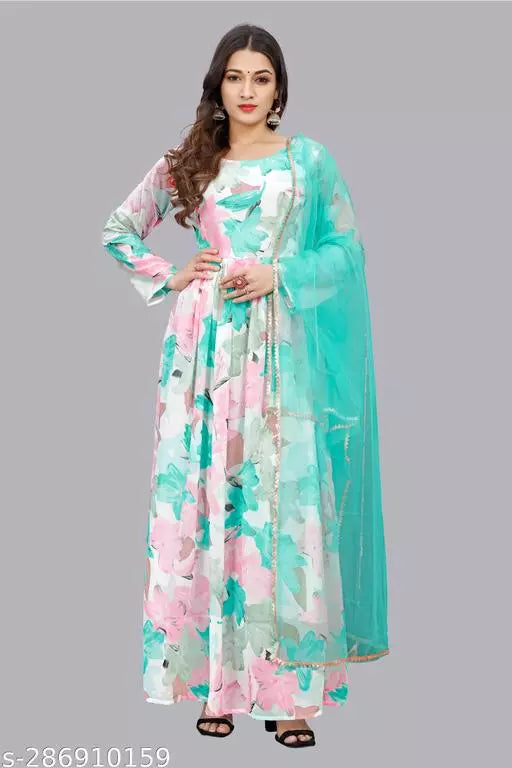 QVAZOR Stylish Fancy Trendy Printed Georgette Gown For Women For Party Wedding Festival Functions