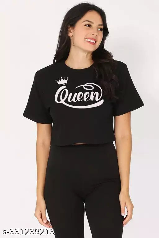 Trendy Feminine Printed Crop Tshirt Round Neck Top For Womens