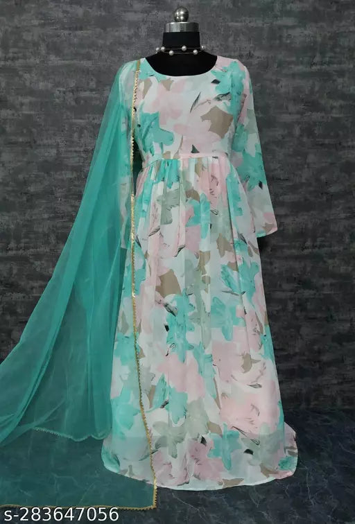 QVAZOR Stylish Fancy Trendy Printed Georgette Gown For Women For Party Wedding Festival Functions