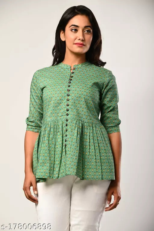 Swasti Casual Regular Sleeves Printed Women Green Top