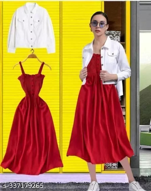 JKP COLLECTIONS Womens & Girls Long Dress With Denim Jacket Bottam Wear Combo Set Dress Fabric Crape Color Red&White
