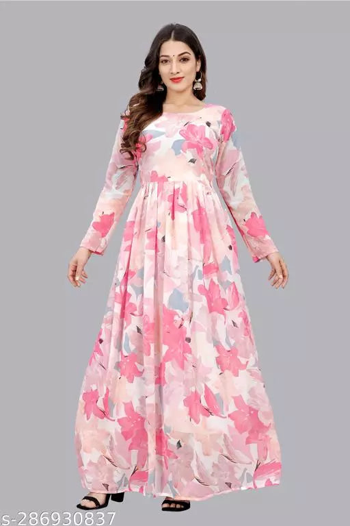QVAZOR Stylish Fancy Trendy Printed Georgette Gown For Women For Party Wedding Festival Functions