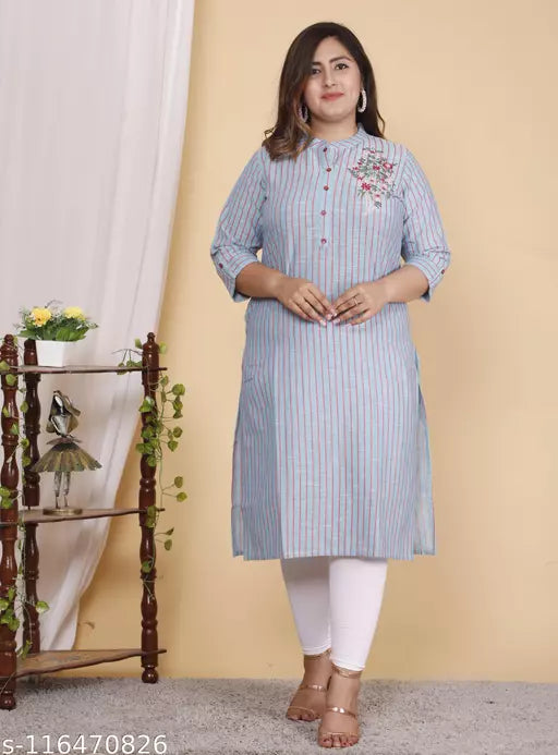 Shritikas Designer Embroideried Blue Stripes Straight Plus Size Cotton Kurti For Women - 60s Cotton