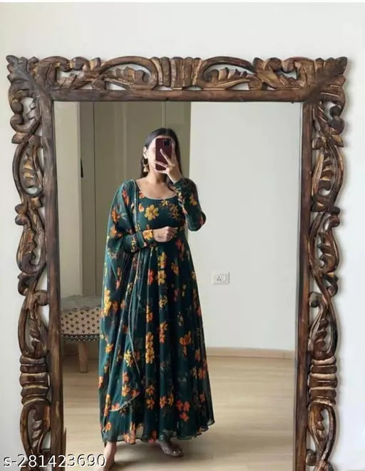 women printed long gown with dupatta