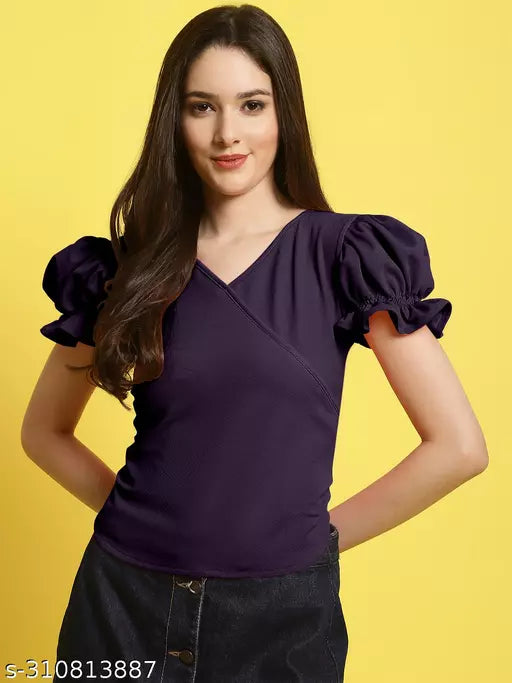 Women Burgundy Solid Puff Sleeve Wrap Top (Women Top | Women Tops | Top)