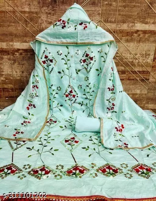 Explore new Womens Hit Designs Suits Blue Fancy Chanderi Cotton Unstiched Suits Multi Work Sequence Embroidered Salwar suits & Dress Materials