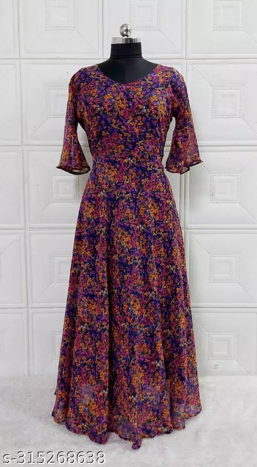 QVAZOR Stylish Fancy Trendy Printed Georgette Gown For Women For Party Wedding Festival Functions