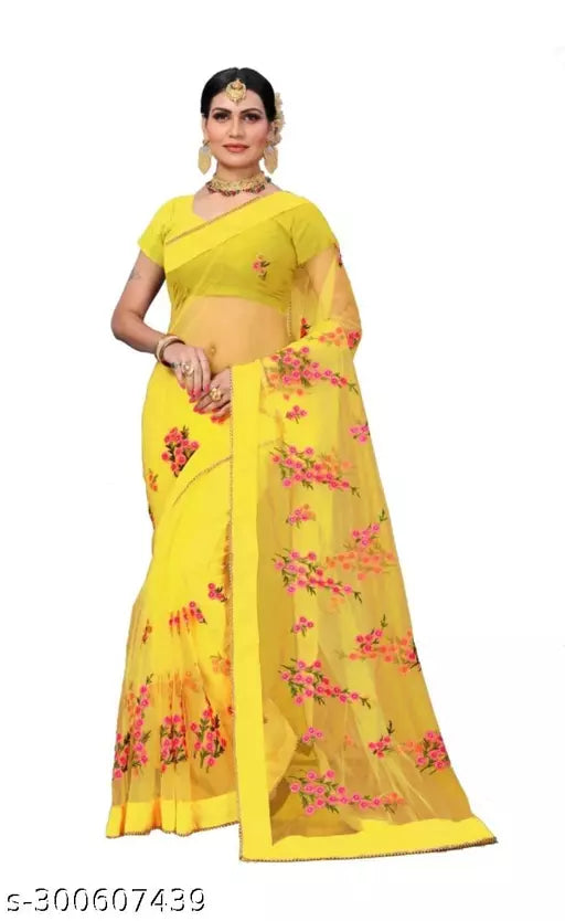 New Fancy Flower Net sarees with unstiched Blouse pieces With Moti work Lemon yellow Colour