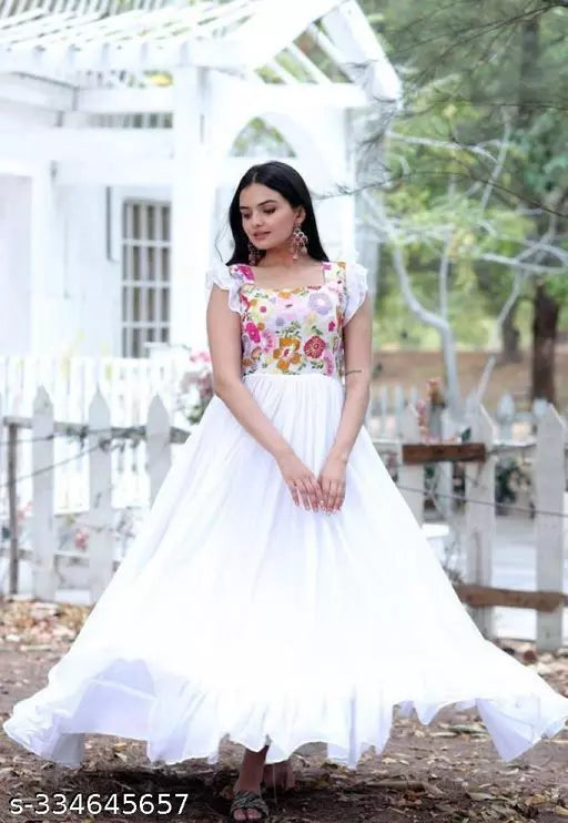 Elegant Georgette Anarkali Dresses: Fancy Party Wear White Gown for Women.