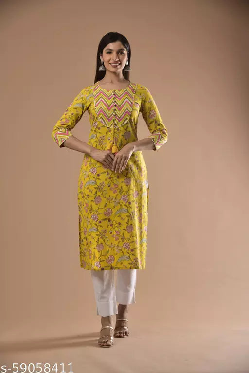 Swasti Plus Size Women Printed Pure Cotton Straight Kurta (Yellow)