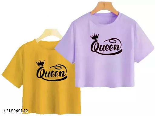 Trendy Feminine Printed Crop Tshirt Round Neck Top For Womens (Combo2)