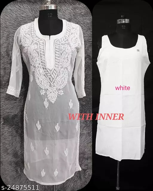 Handwork Embroidered Chikankari Chiffon Galabooti Long kurti with inner.