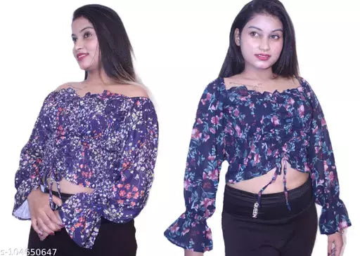 WOMEN CROP TOPS WITH FLORAL PRINTED AND STYLISH NECK