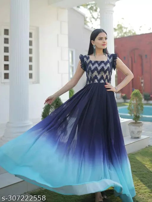 Women's Two-Tone Fabric Square Neck Embroidery Sequence Work Kurti/Dress.