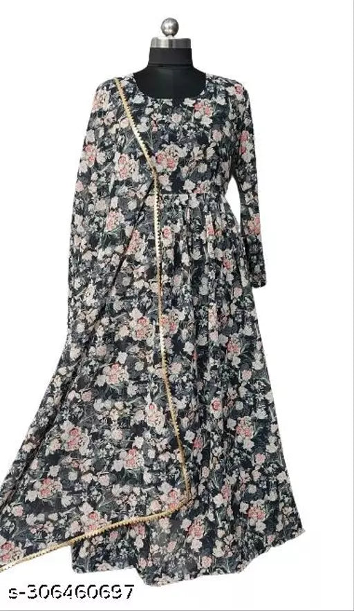 QVAZOR Stylish Fancy Trendy Printed Georgette Gown For Women For Party Wedding Festival Functions