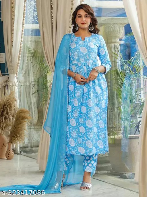 Anni Designer Women's Blue Ethnic Motifs A-Line Printed Kurta with Trouser & Dupatta