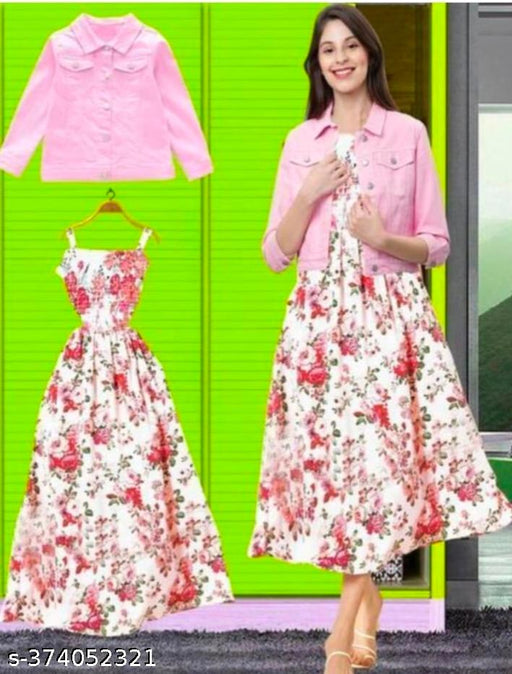 White multicolour dress & pink jacket