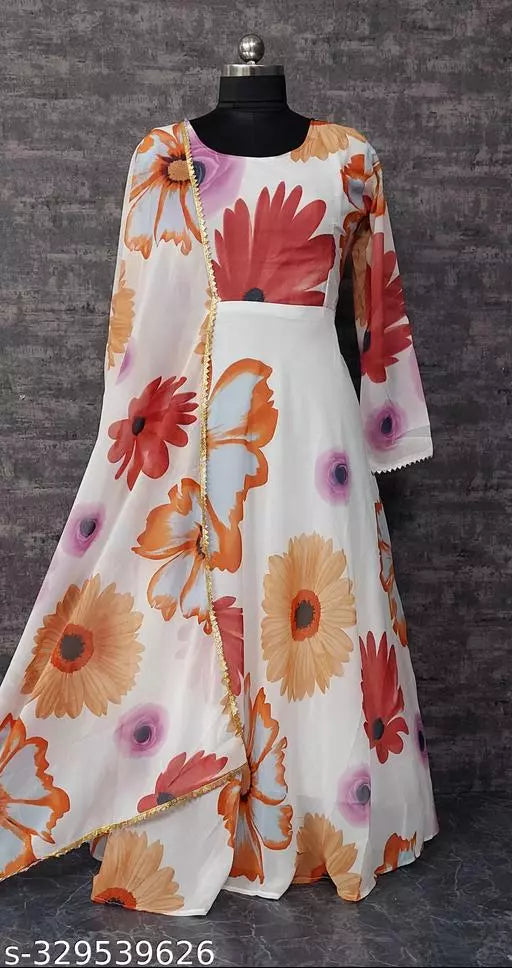 QVAZOR Stylish Fancy Trendy Printed Georgette Gown For Women For Party Wedding Festival Functions