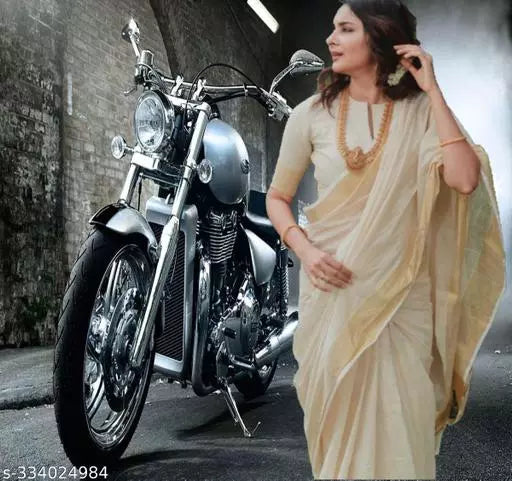 REAL HAND WOOVEN KERALA KASAVUE PURE COTTON COLOR CREAM / BEIGE WITH UNSTICHED BLOUSE ZARI COLOR IS GOLD ZARI SIZE IS 2 BY 5