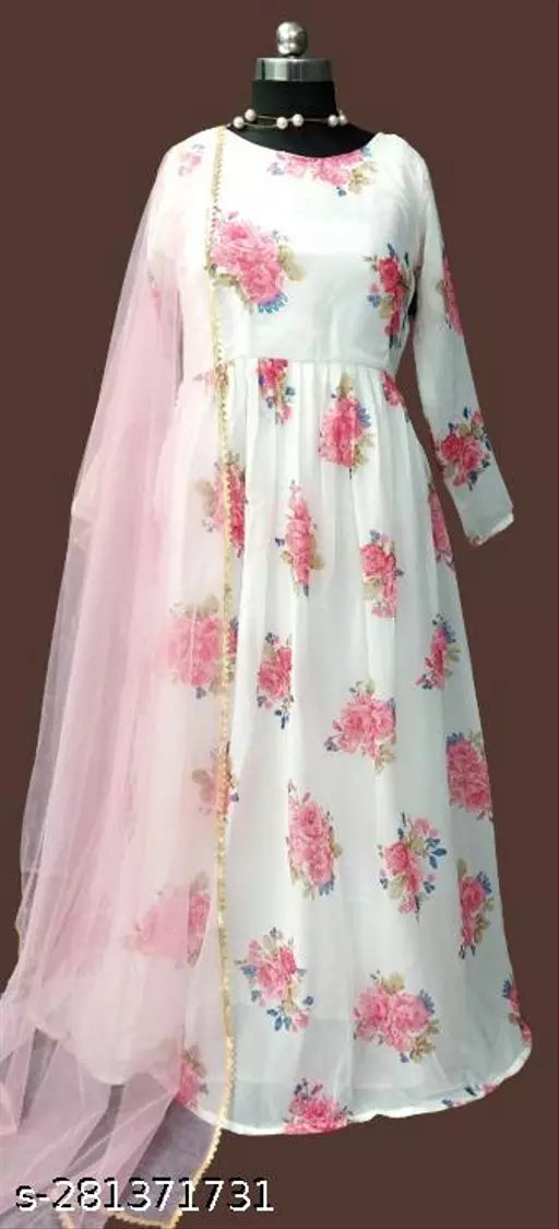 QVAZOR Stylish Fancy Trendy Printed Georgette Gown For Women For Party Wedding Festival Functions