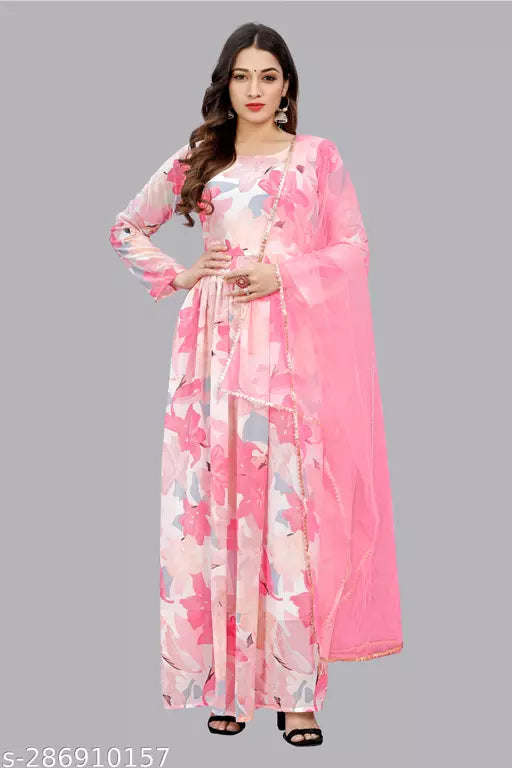 QVAZOR Stylish Fancy Trendy Printed Georgette Gown For Women For Party Wedding Festival Functions