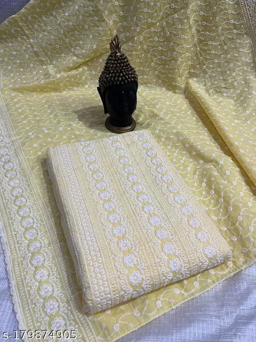 Women's Yellow Floral Embroidered Cotton Suits & Dress Materials