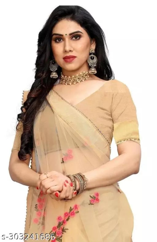 Bollywood Celebrity inspired Explore net saree With beautifull Embroidered all over moti work Dark Beige colours